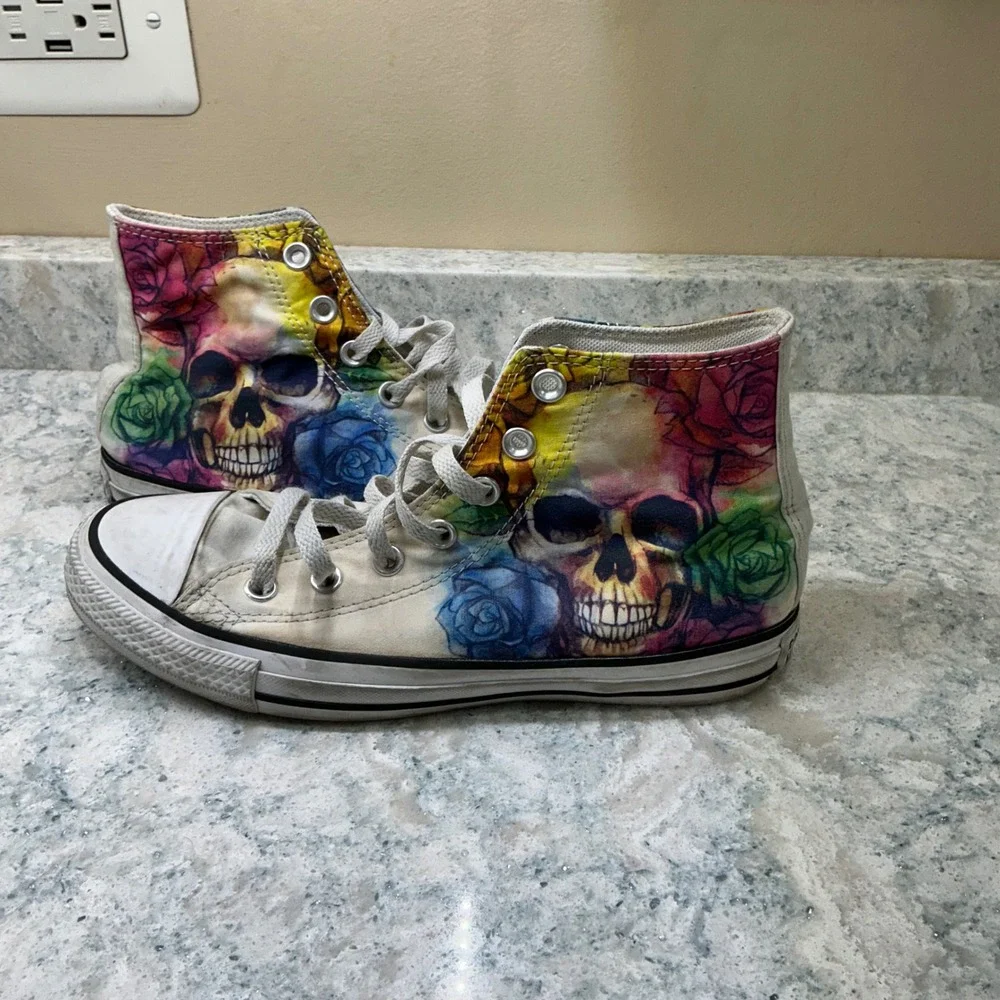 Converse High Top Chuck Taylor All Star W8 M6 Multi Skull Rose Watercolor Shoes